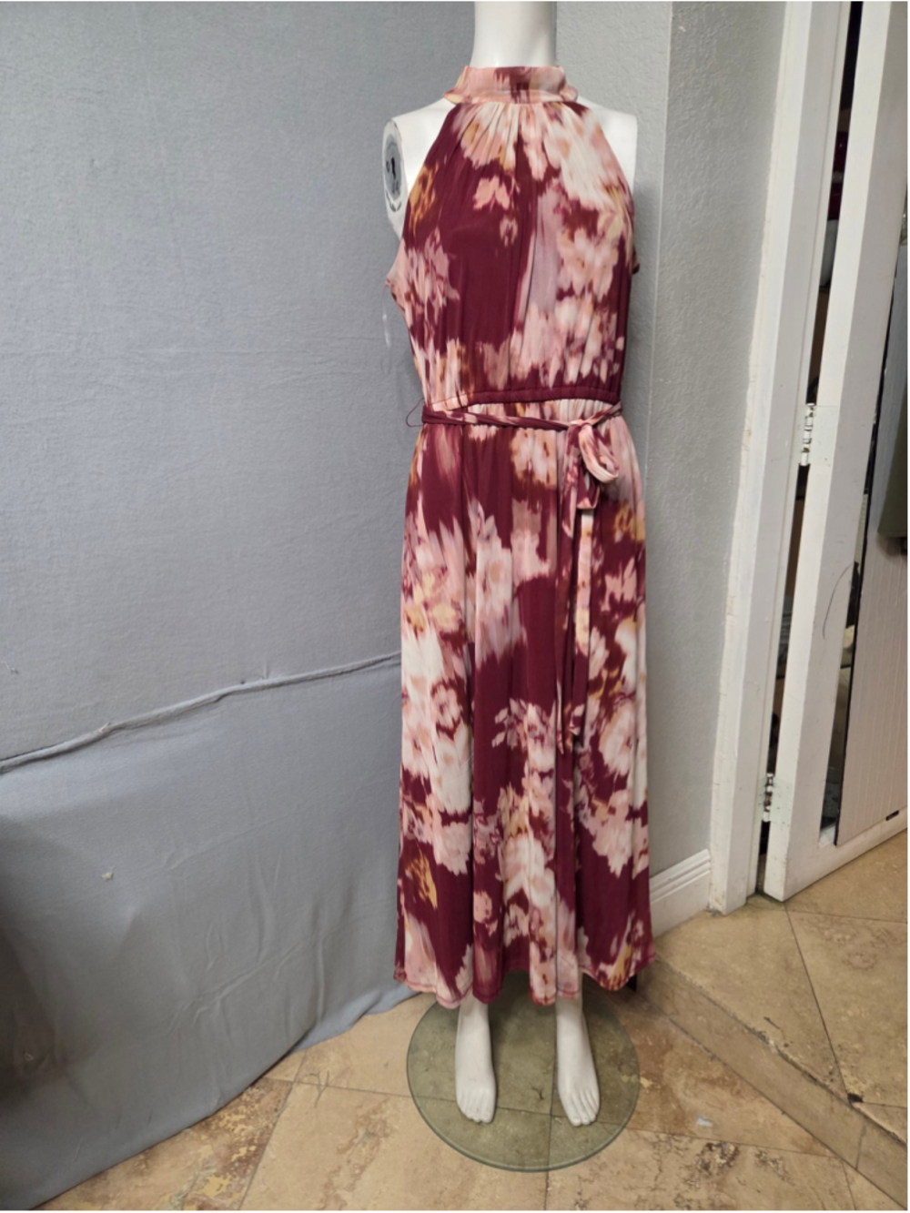 Women's Anne Klein Maxi Dress Size 8 Burgundy Beige Floral